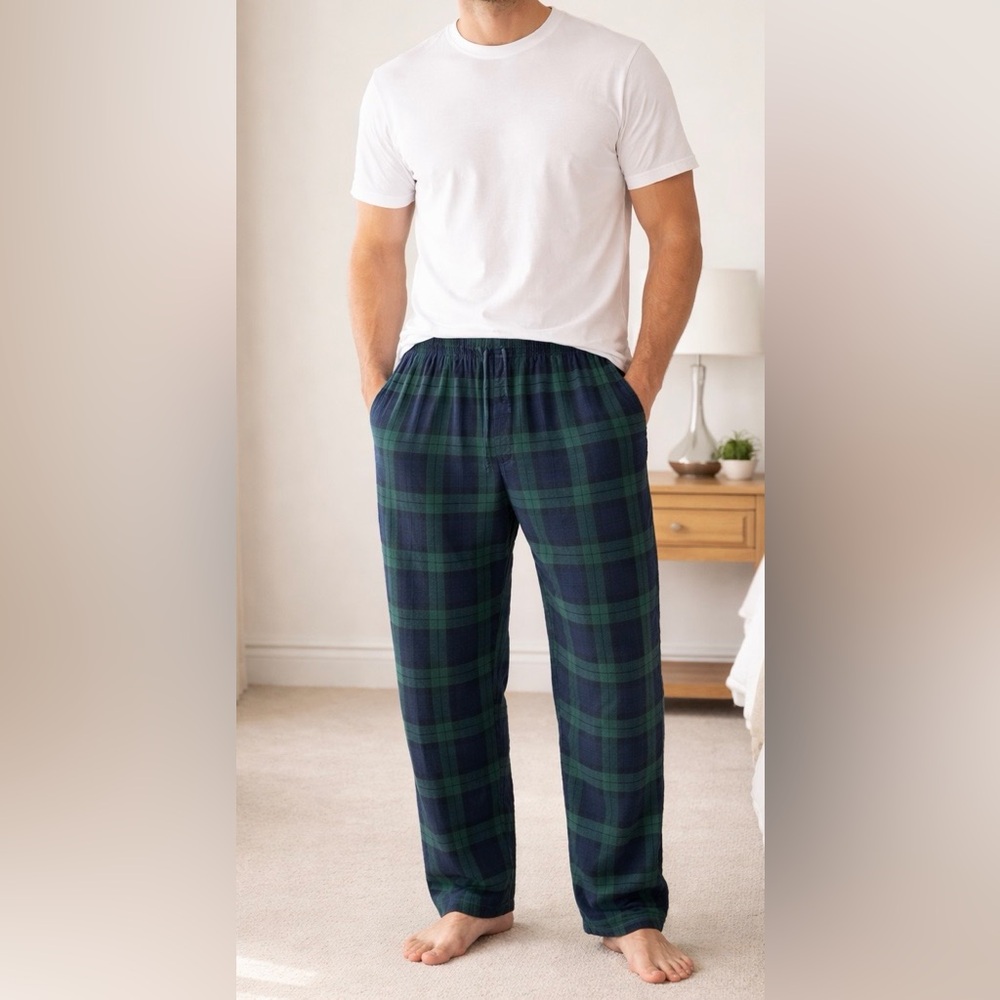 Amazon Essentials Men's 5XL Green and Blue Plaid Cotton Pajama Bottoms